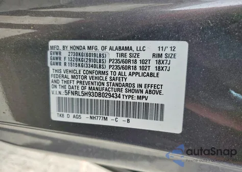 2013 Honda Odyssey Touring from USA, damaged, VIN 5FNRL5H93DB029434